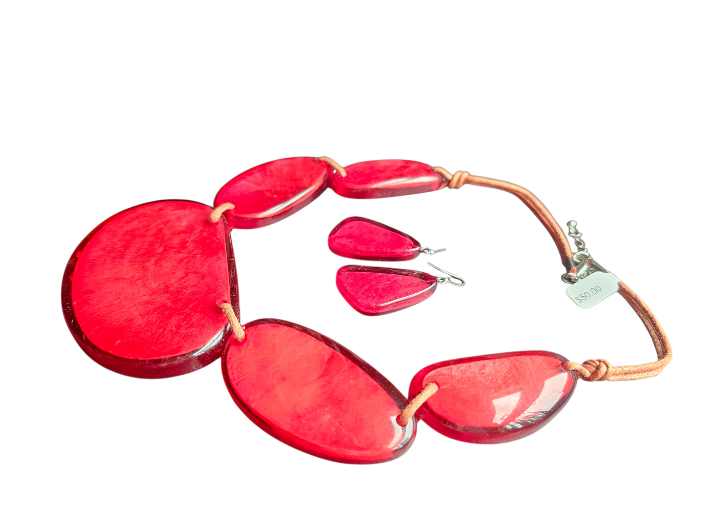 Vintage Large Red Abstract Polished Resin Necklace/Earrings/Bracelet Set