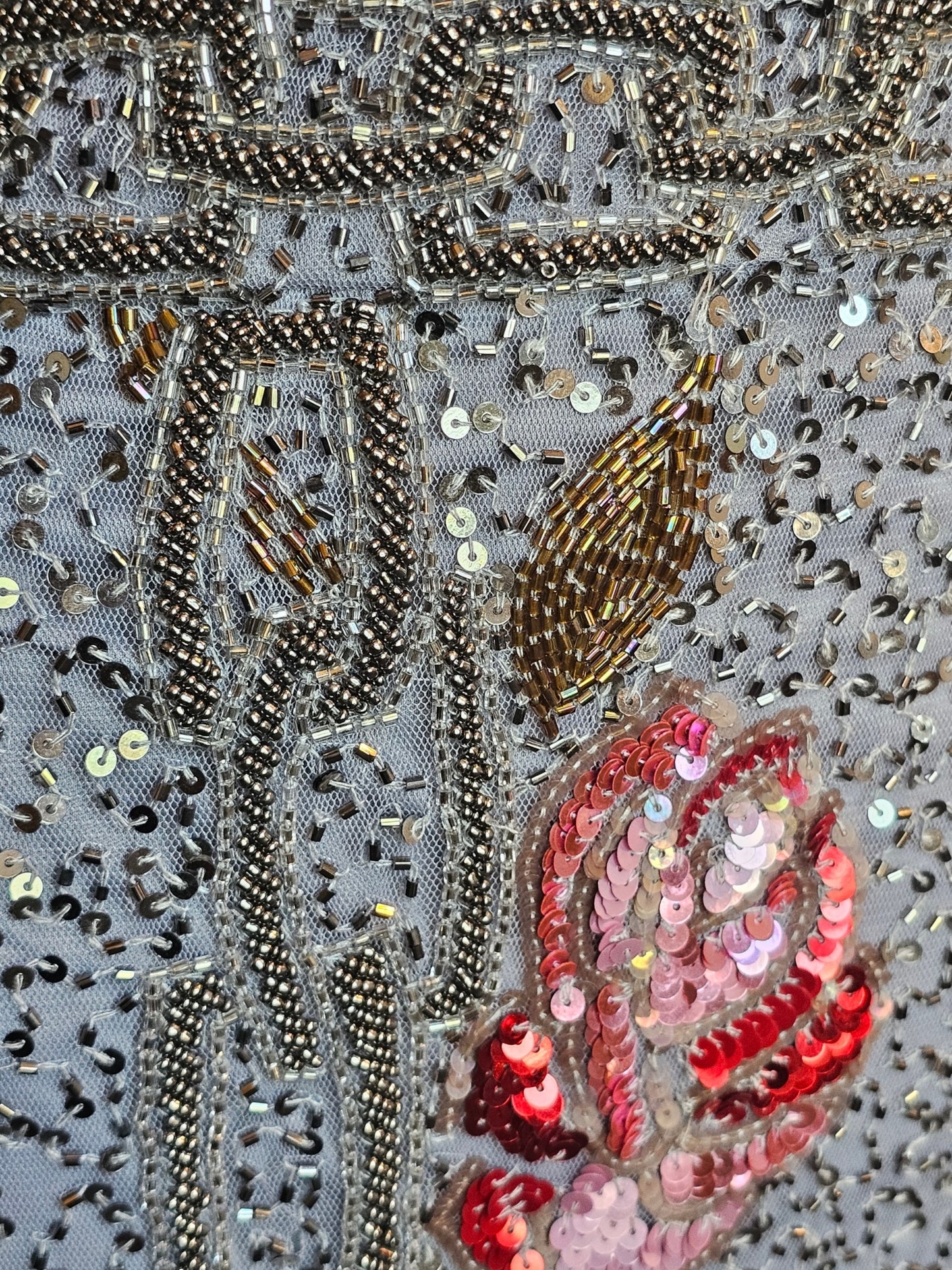Pewter/Gold/Rose Fully Beaded V-Neck Fitted Maxi Formal/Gala/Prom Dress - Primavera