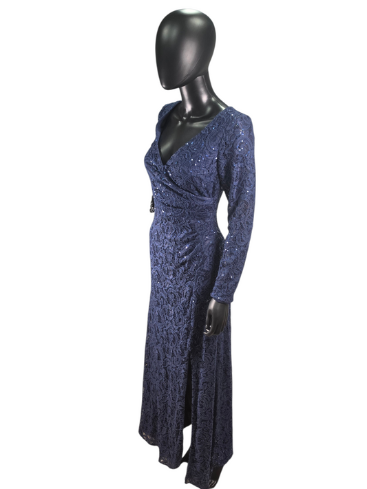 Navy Stretch Sequin Lace Slit V-Neck Long Sleeve Formal/Mom's Dress - Alex & Eve
