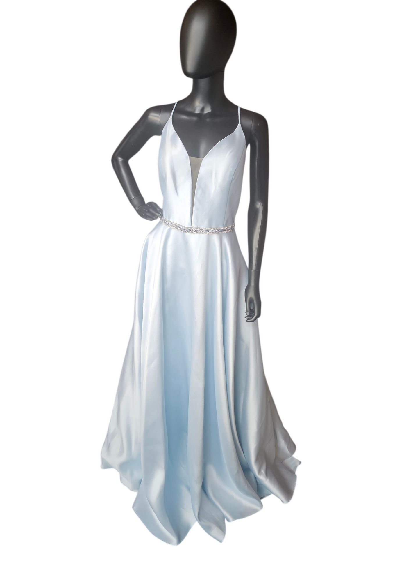 Periwinkle Plunge Belted A-Line Mikado Formal Dress
