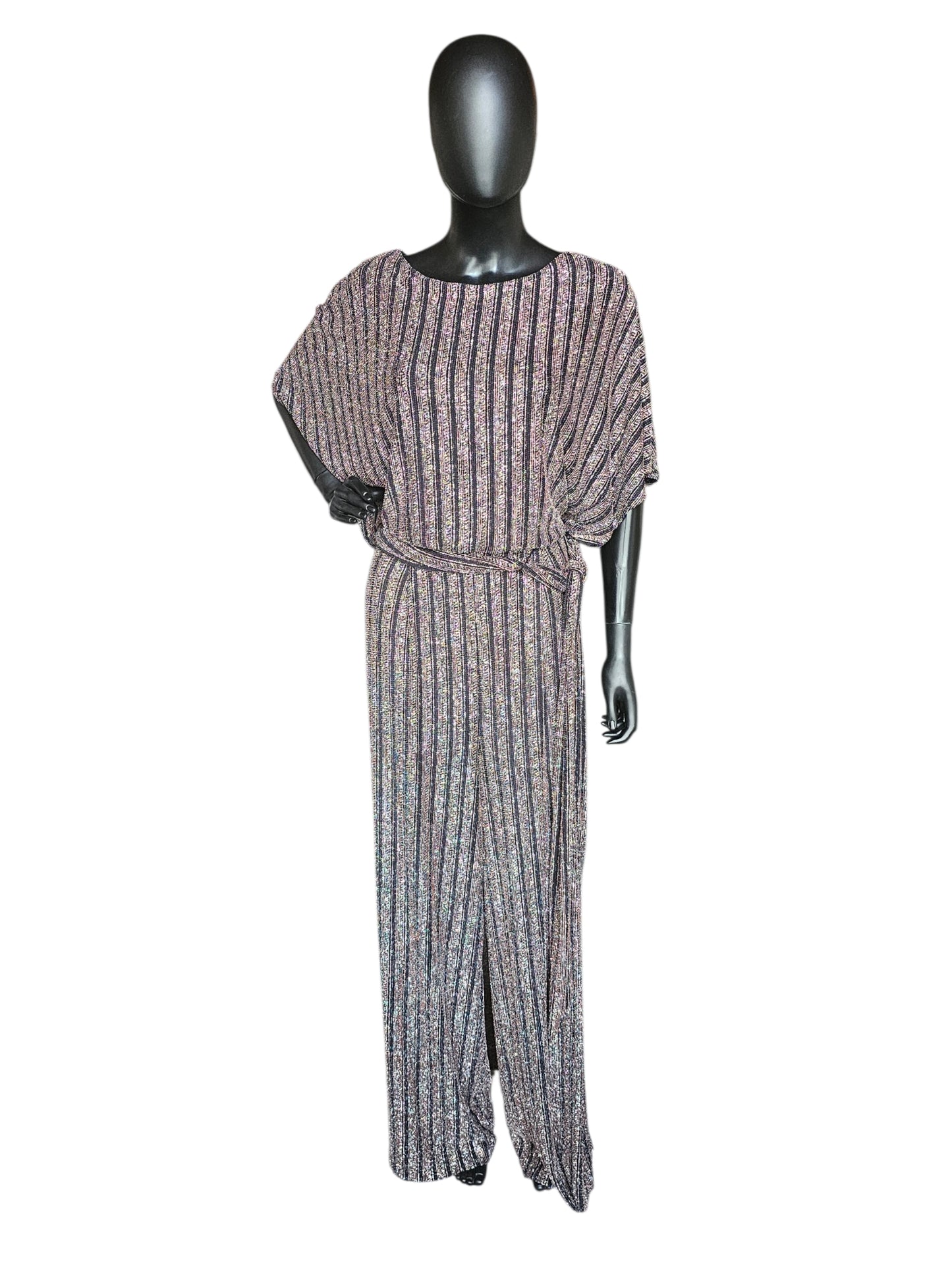 Black/Rose Gold Striped Belted Wide Leg Romper Jumpsuit - Jessica Howard