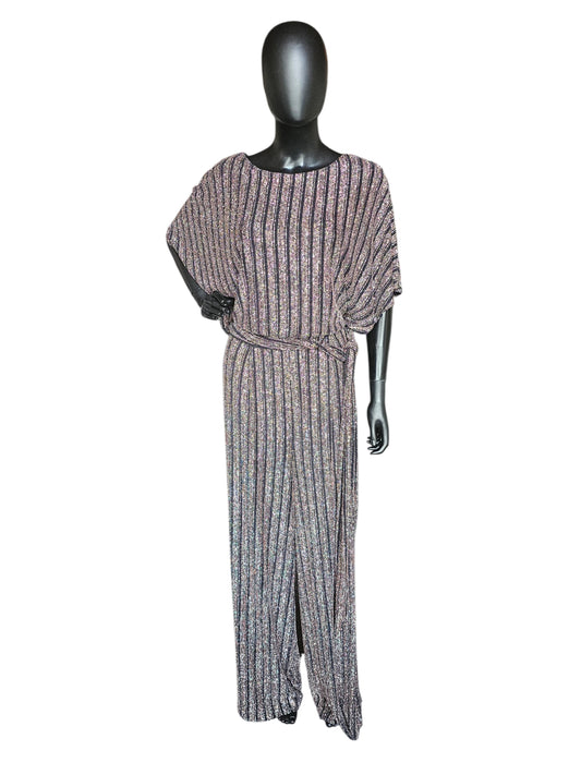 Black/Rose Gold Striped Belted Wide Leg Romper Jumpsuit - Jessica Howard