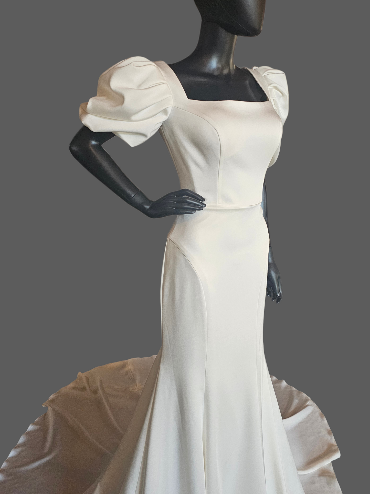 Ivory Silky Satin Fitted Square Neck Puff Sleeve Minimalist Wedding Gown - Casablanca