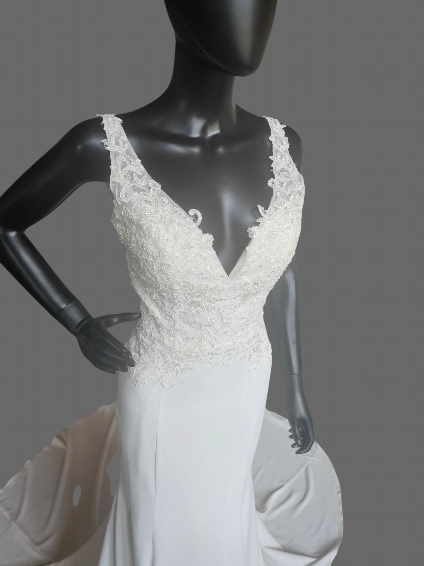 V-Neck Lace Bodice Fit/Flare Wedding Gown - Davinci