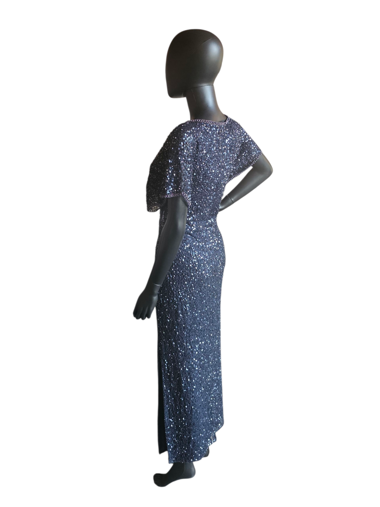 Navy Full Beaded Flutter Sleeve Formal Dress - Adrianna Papell