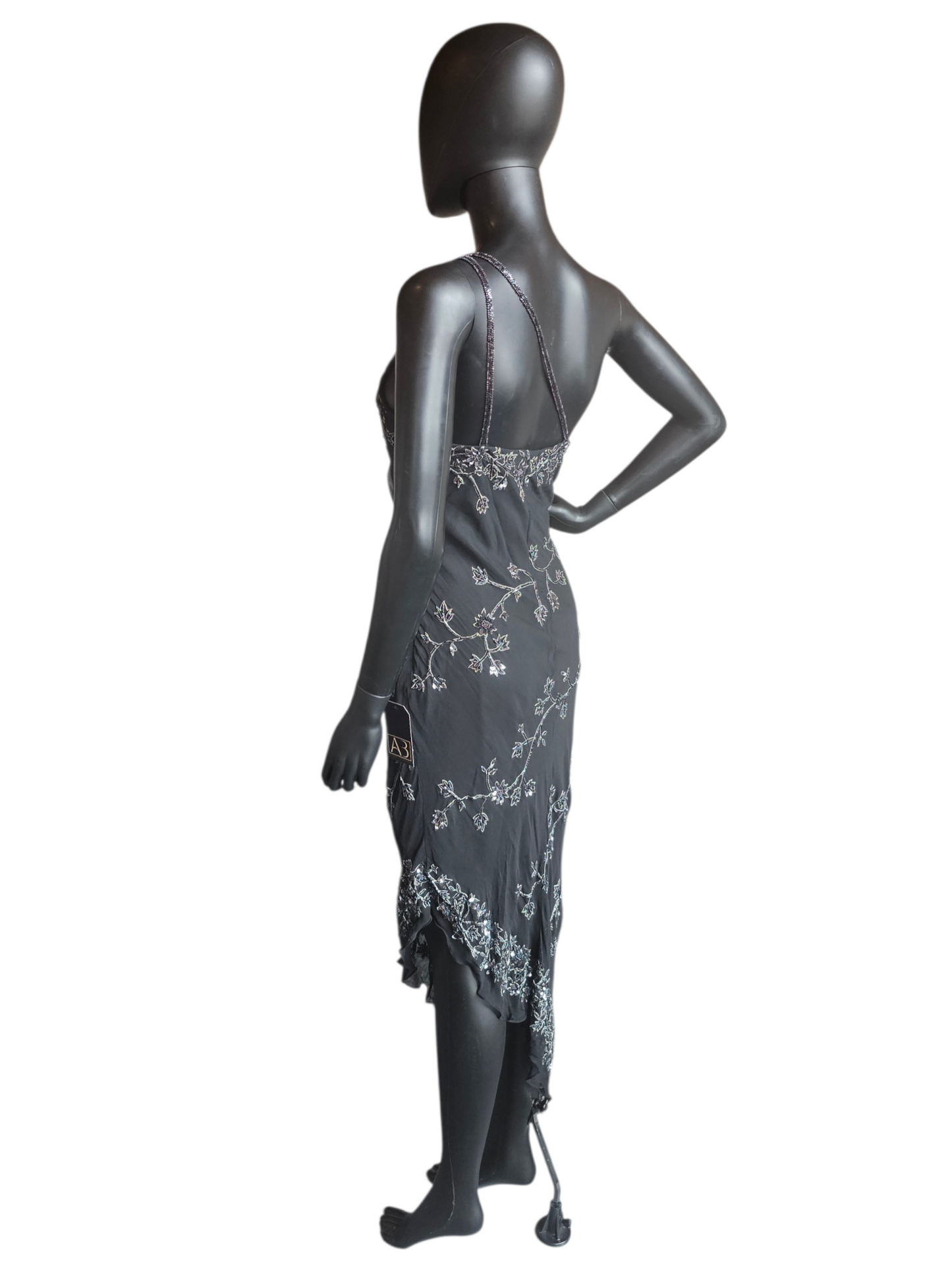 100% Silk Vintage Black Beaded Asymmetrical HighLow Dress - Scala