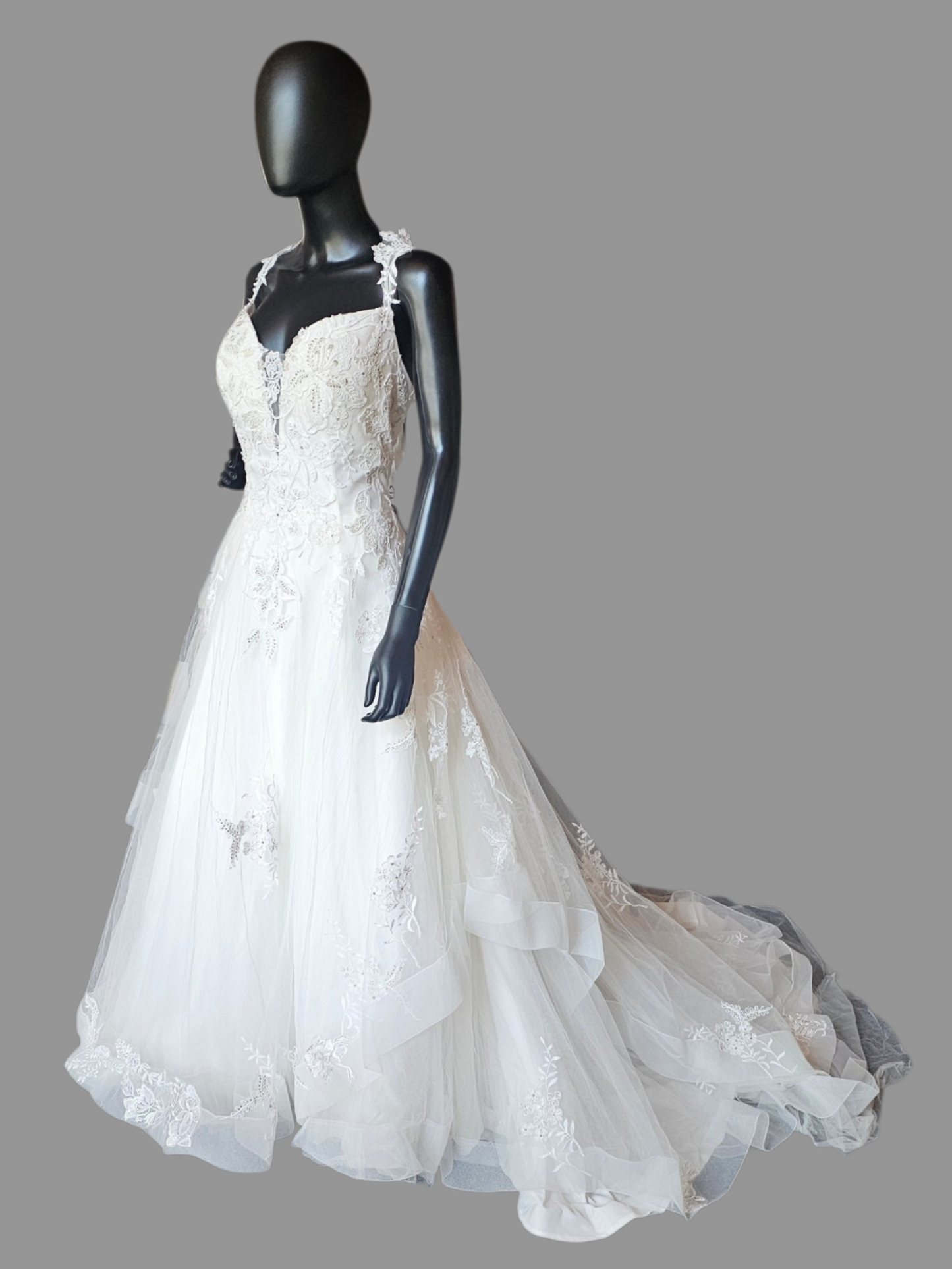 A-Line Floral Tiered Laced Sleeves Sweetheart Plunge Wedding Gown- Beloved