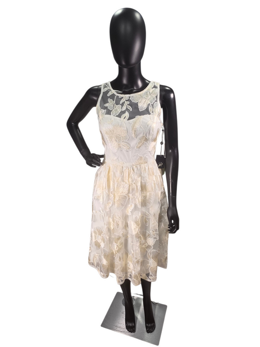 Ivory/Blush Floral Embroidered A-Line Knee Length Illusion Back & Top - Adrianna Papell
