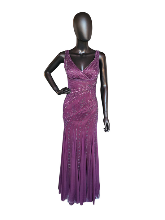 Plum V-neck Beaded Formal Gown - Night Scene