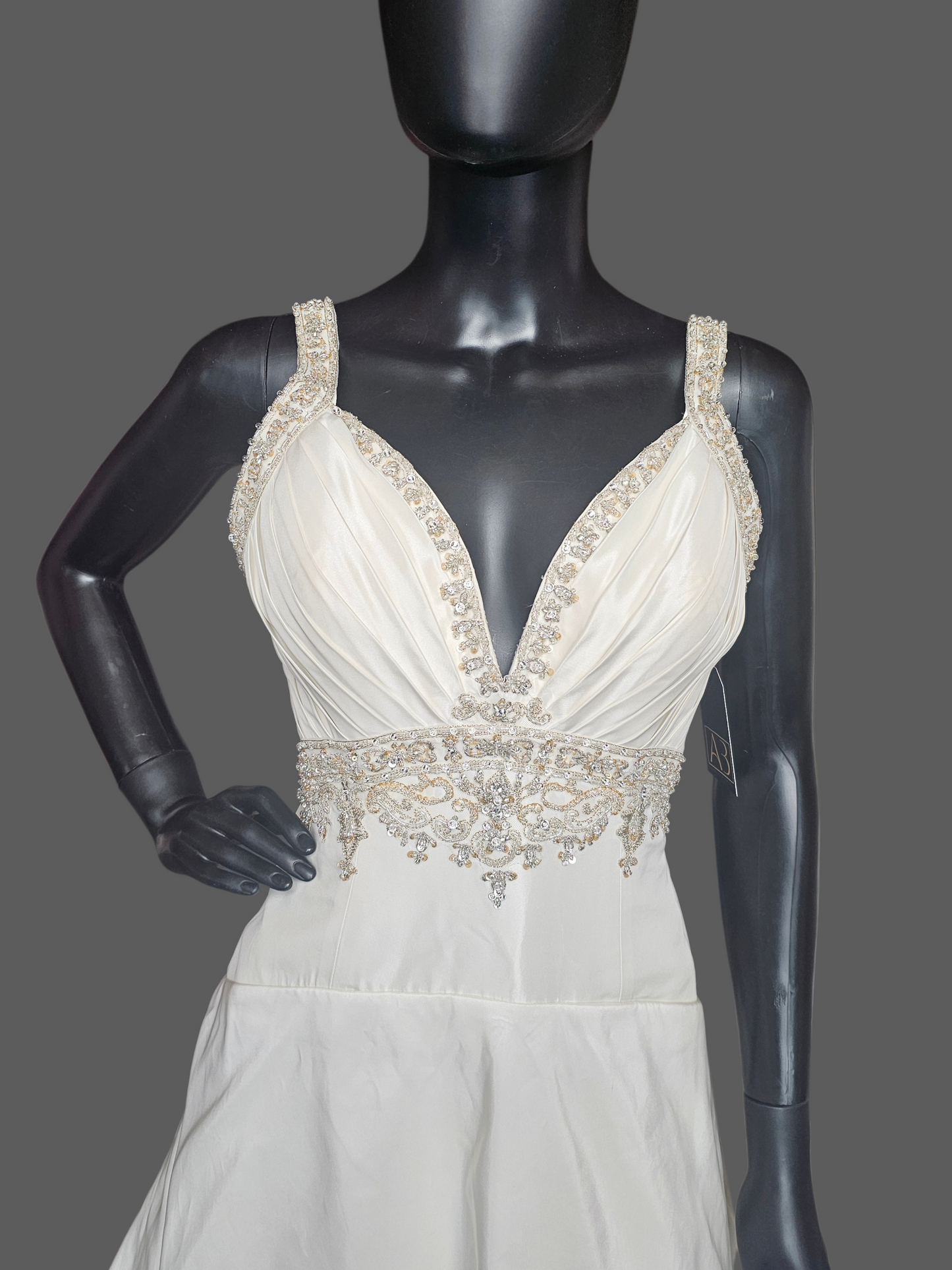 Ivory Taffeta Drop Waist V-Neck Wedding Gown - Petite