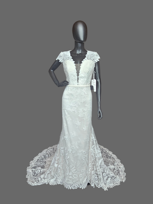 Ivory Open Weave Lace Cap Sleeve Open Open Back Wedding Gown - Beloved