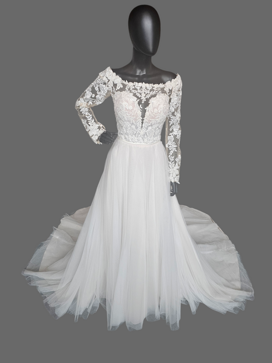 Ivory/Honey Illusion Lace Long Sleeve A-Line Wedding Gown