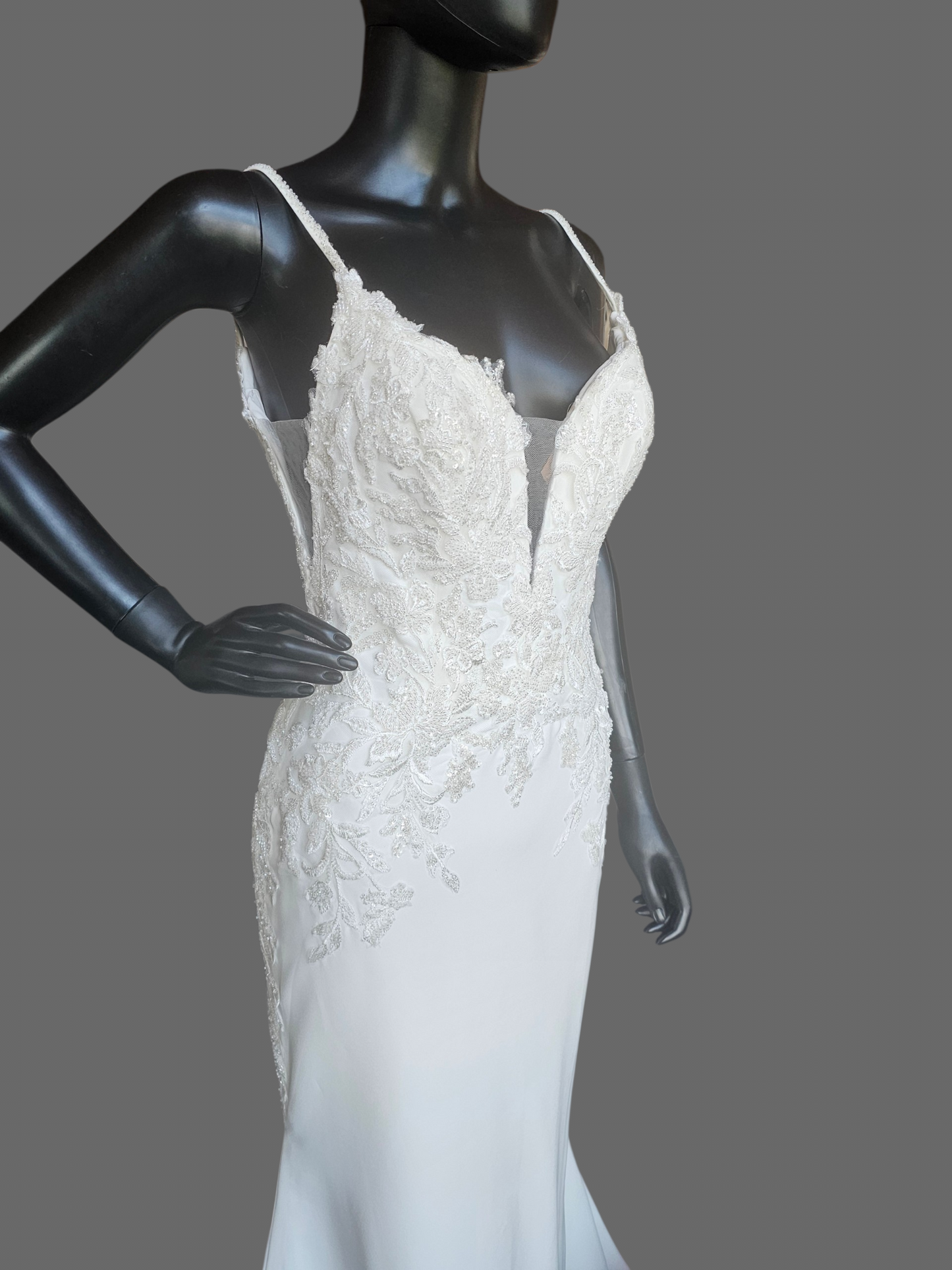 Ivory Crepe Plunge Beaded Fit/Flare Spaghetti Strap Wedding Gown - Maggie Sottero