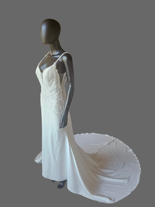 Ivory Crepe Plunge Beaded Fit/Flare Spaghetti Strap Wedding Gown - Maggie Sottero