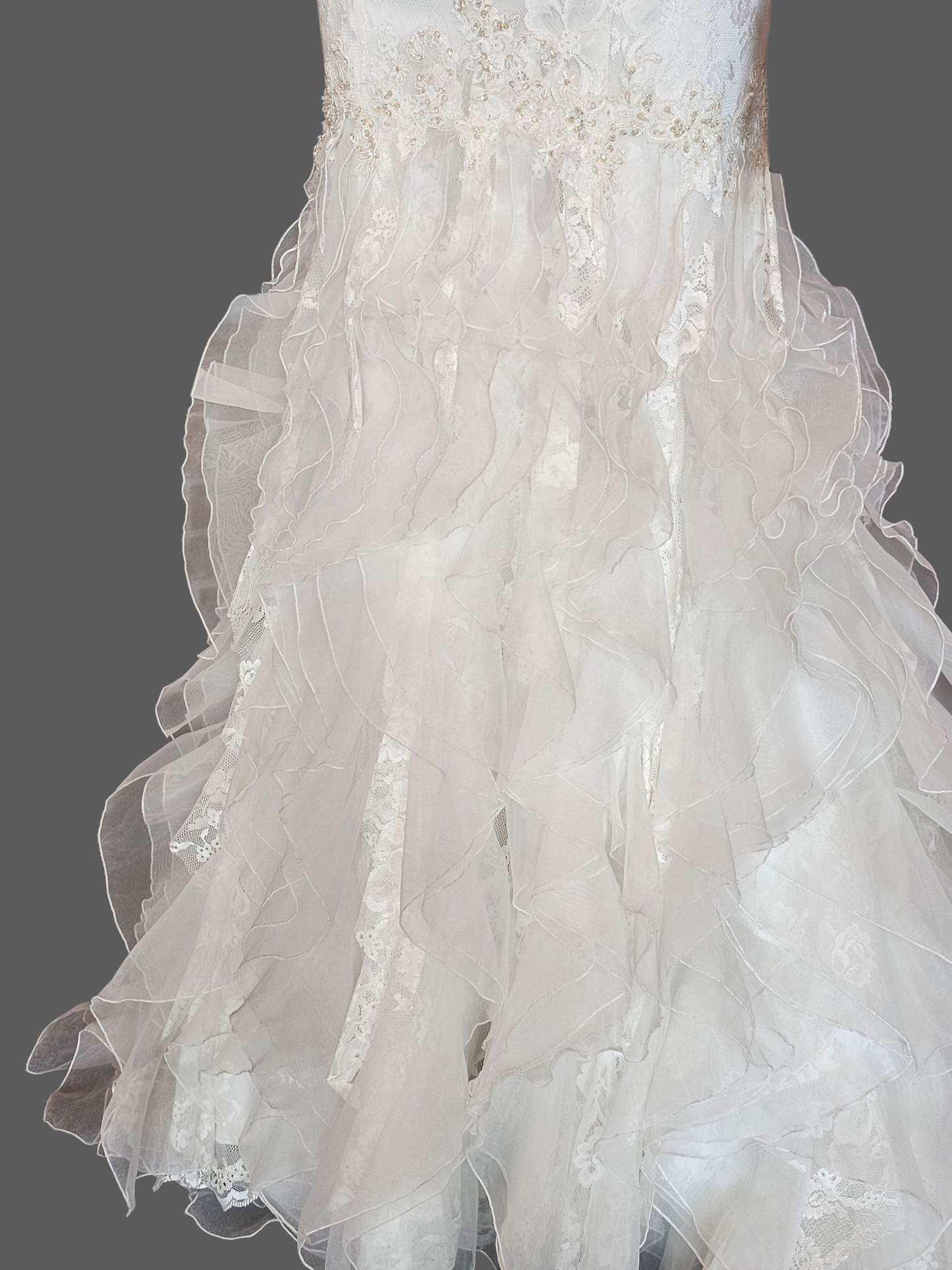 Ivory Lace Strapless Sweetheart Fit/Flare Verticle Ruffle Wedding Gown - Casablanca