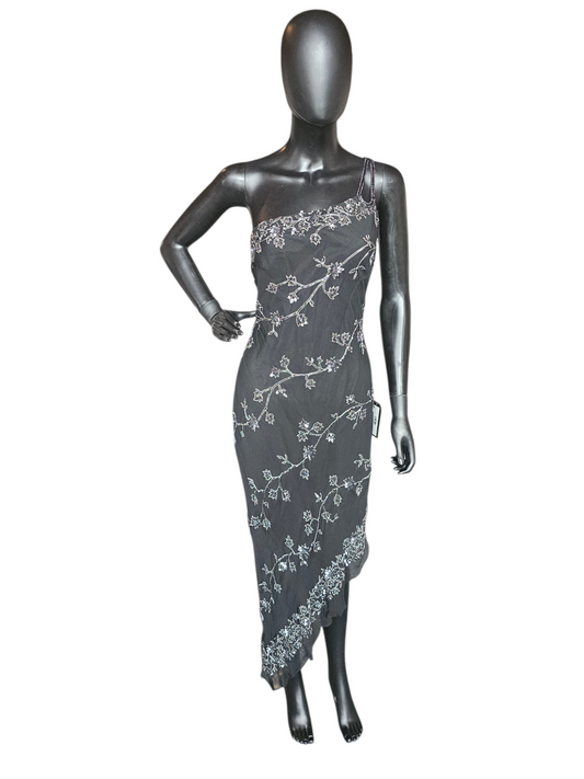 100% Silk Vintage Black Beaded Asymmetrical HighLow Dress - Scala