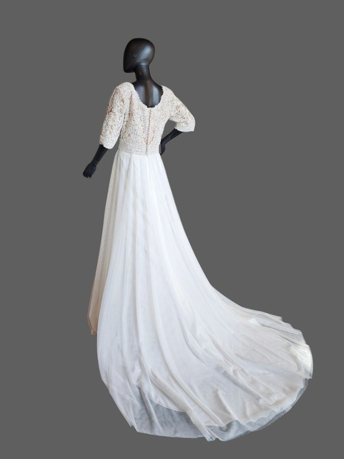 Ivory Scoop Neck Lace 3/4 Sleeve A-Line Net Wedding Gown - Maggie Sottero