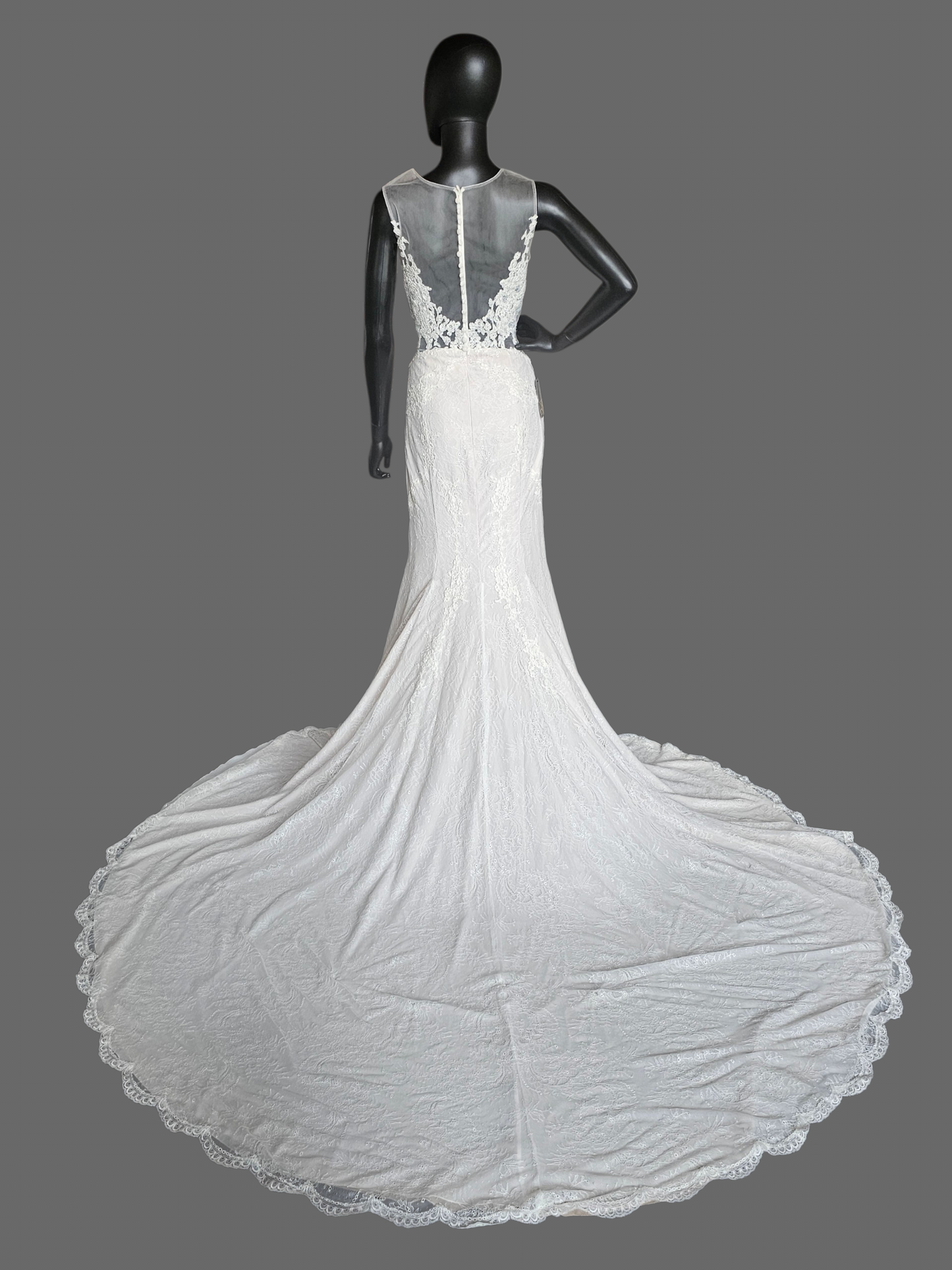 Ivory Illusion Plunge Thick Strap Floral Lace Fit/Flare Wedding Gown - Alyne
