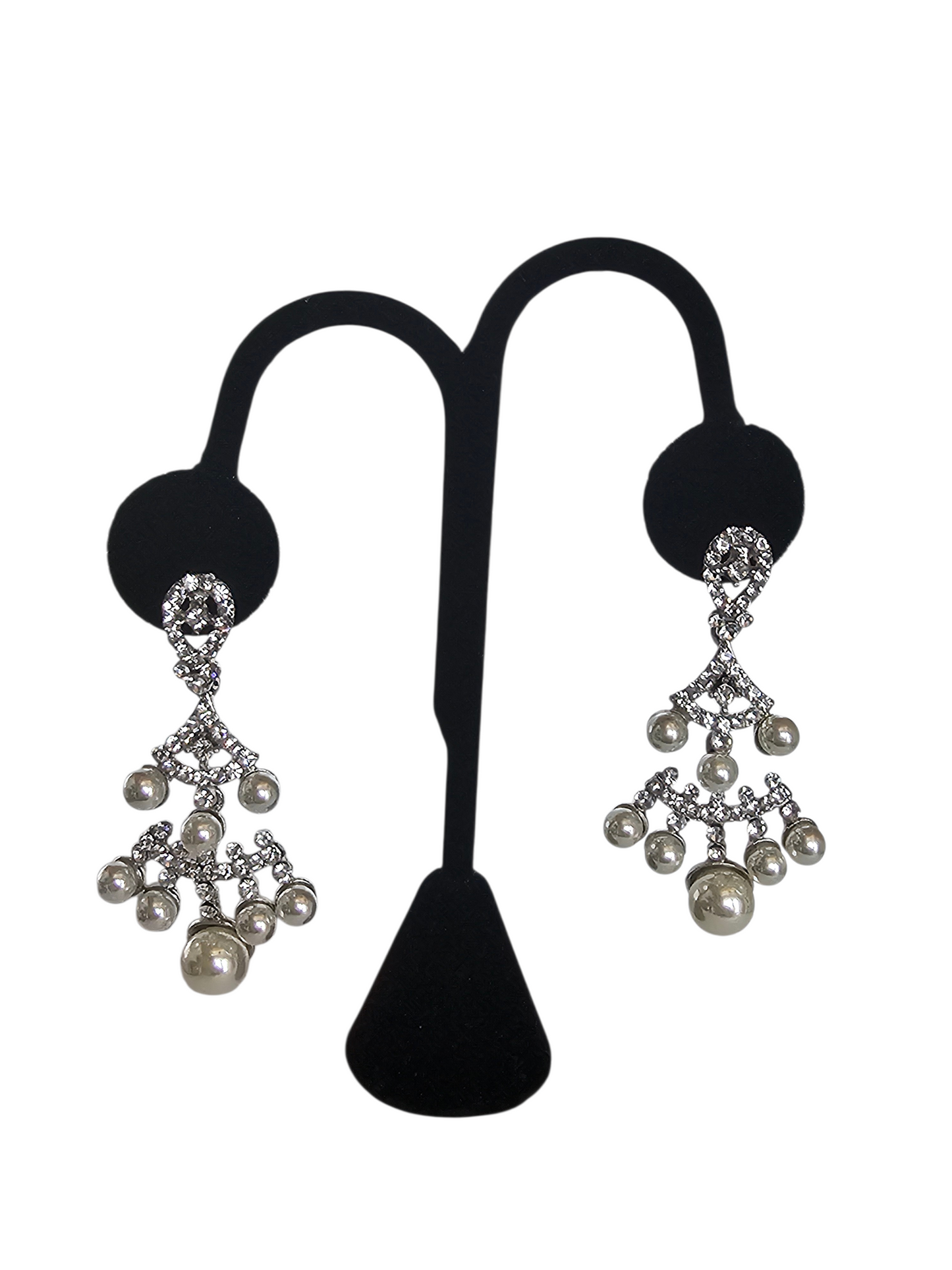 Large Silver/Rhinestone Pearl Dangle Earring - Mariell