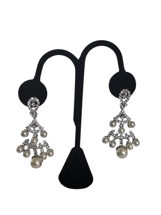Large Silver/Rhinestone Pearl Dangle Earring - Mariell