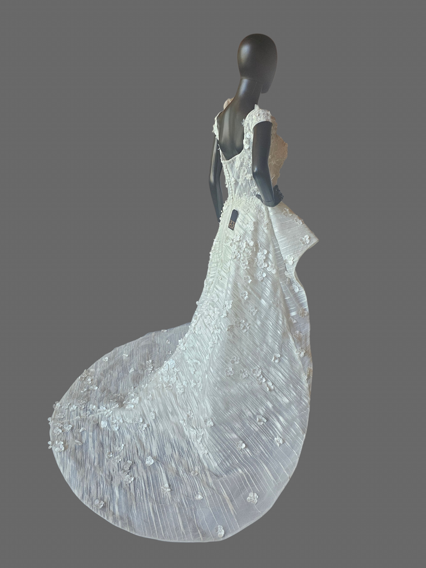 Ivory Structured Wedding Gown 3D Floral Peplum With A Square Neckline And Cap Sleeves - Madison James