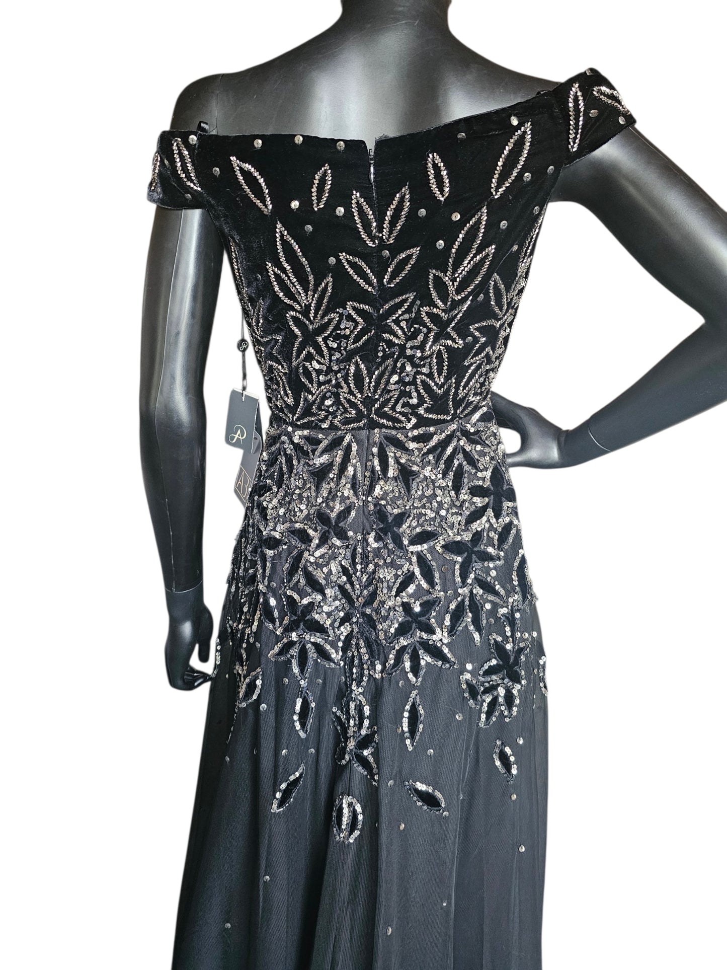 Black Velvet Off Shoulder Leaf Patter Sequin Fit/Flare Full Length Formal Gown - Adrianna Papell