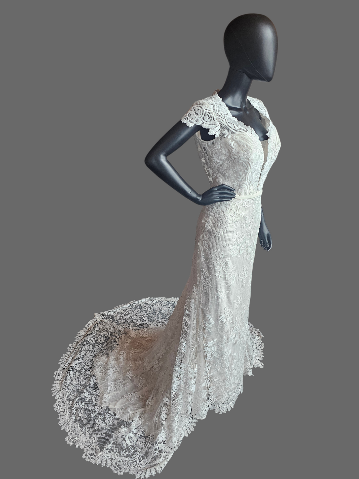 Ivory Open Weave Lace Cap Sleeve Open Open Back Wedding Gown - Beloved