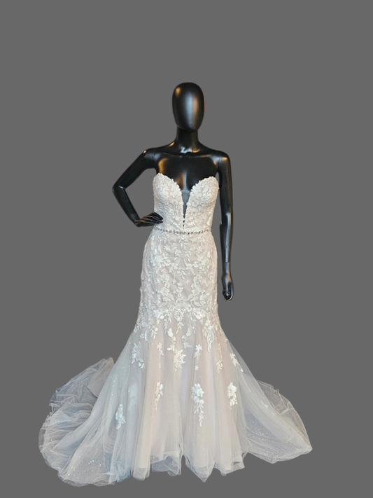 Blush/Ivory Lace Belted Fit/Flare Wedding Gown - Oleg Cassini