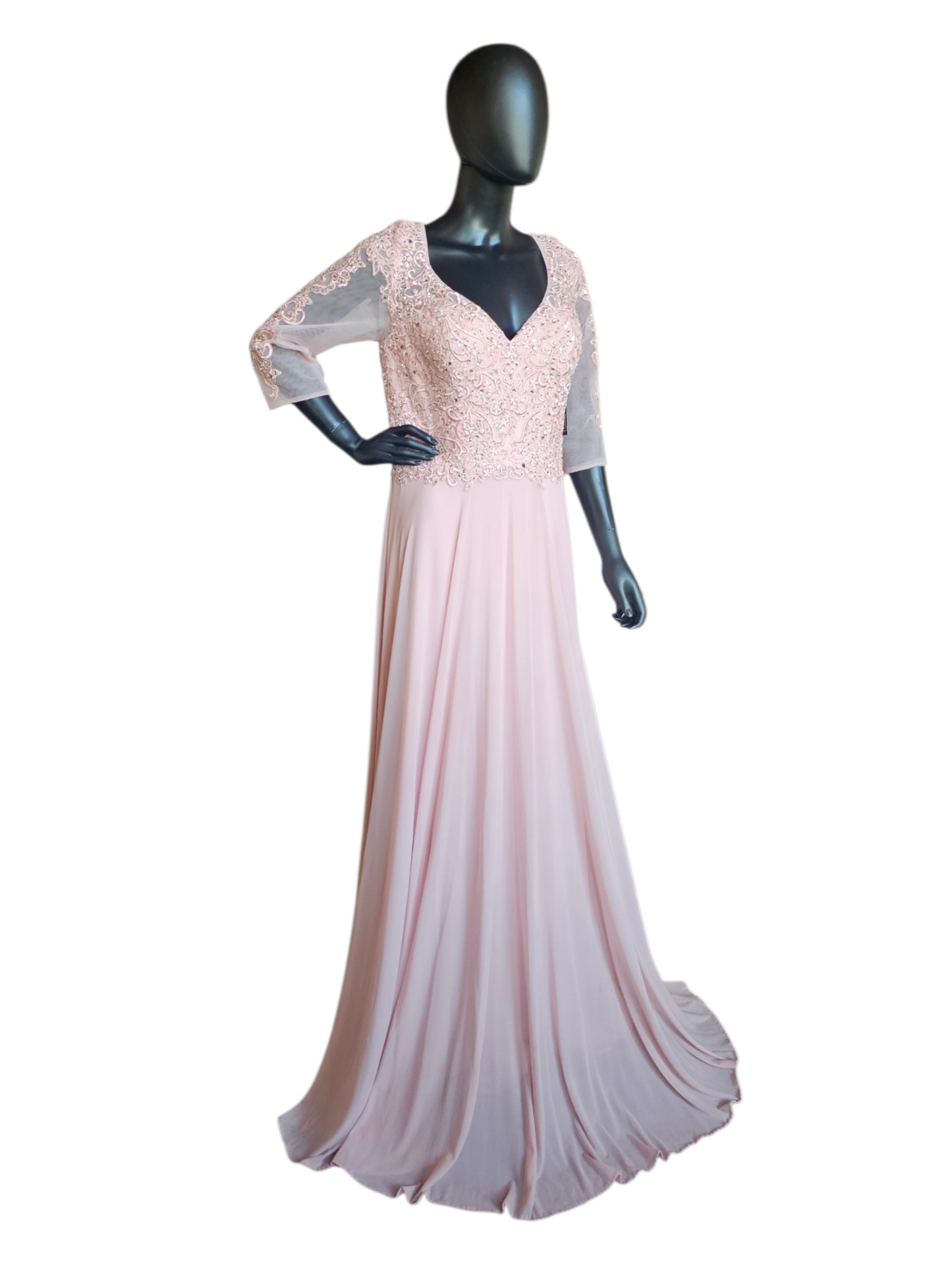 Rose  A-Line Long Sleeve Rhinestone Lace Chiffon Illusion Back Moms Dress  - MGNY