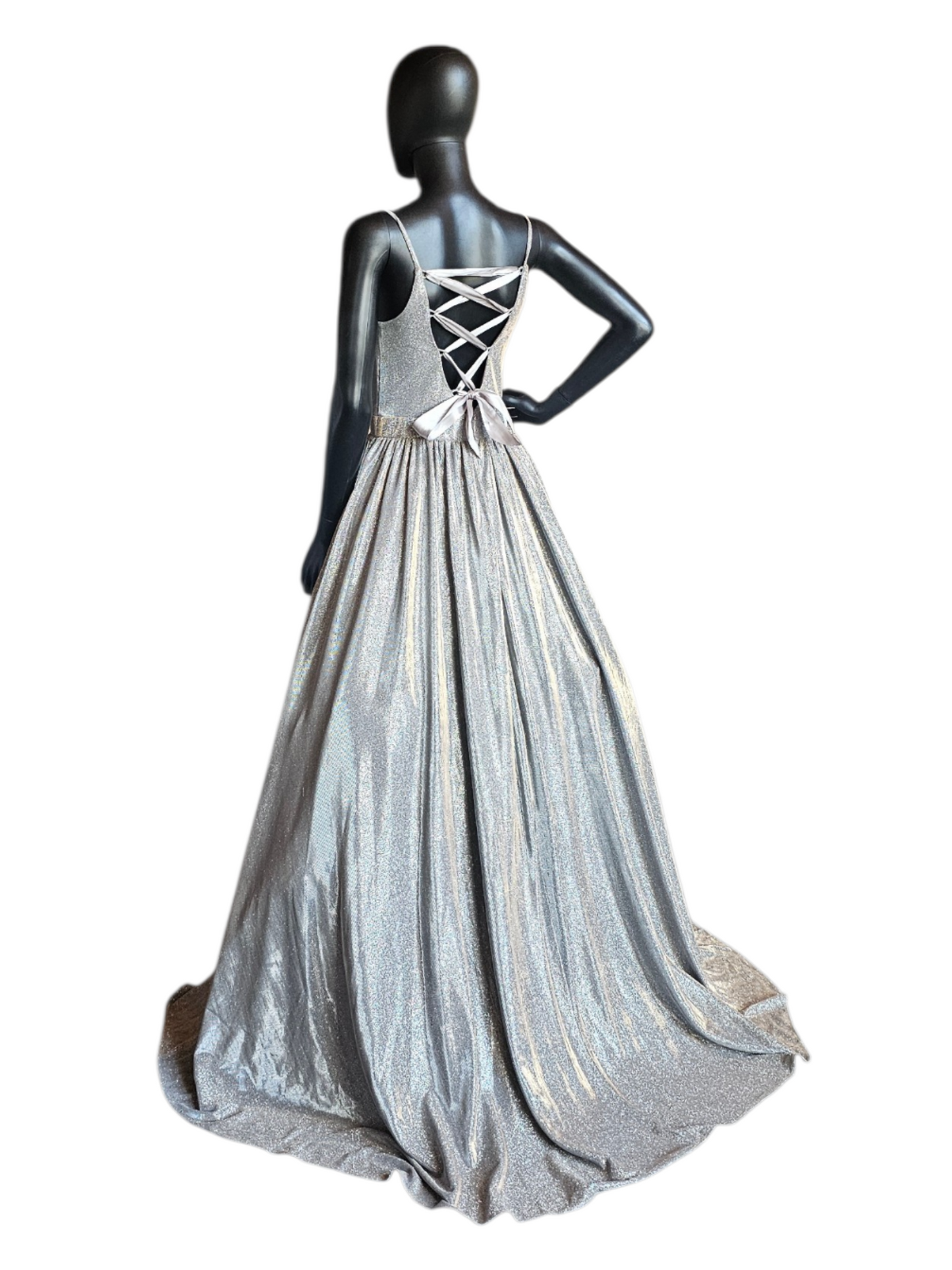 Silver Sparkle Open Back With Sew Up Detail Gathered A-Line Scoop Neck Formal/Prom Dress- Jovani