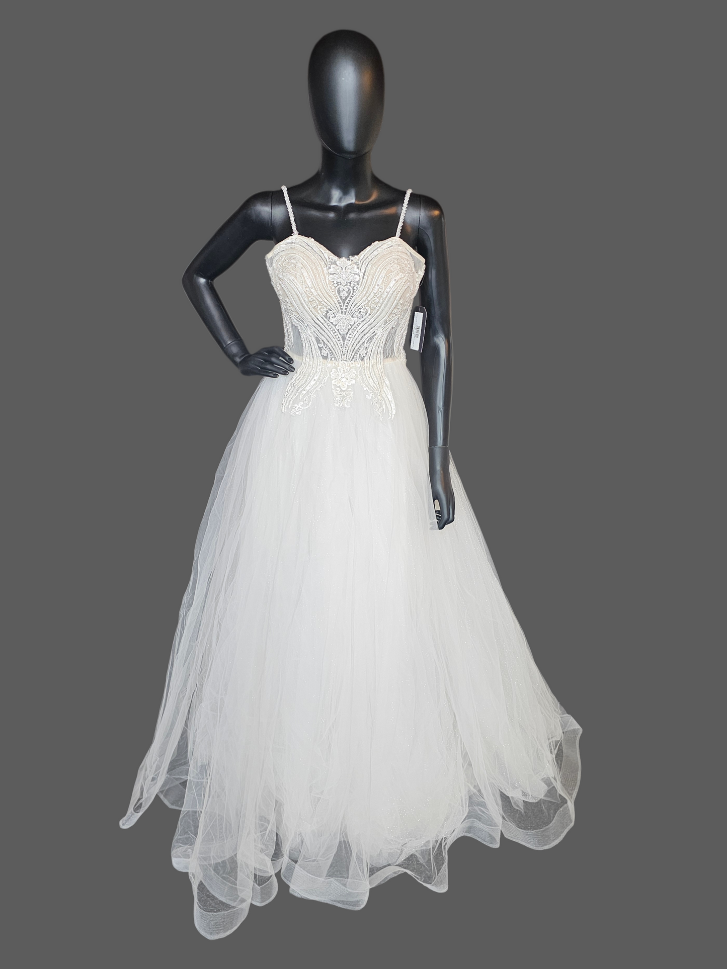 Ivory Spaghetti Strap Illusion Bodice Tulle A-Line Wedding Gown - Di La Sena - NWT