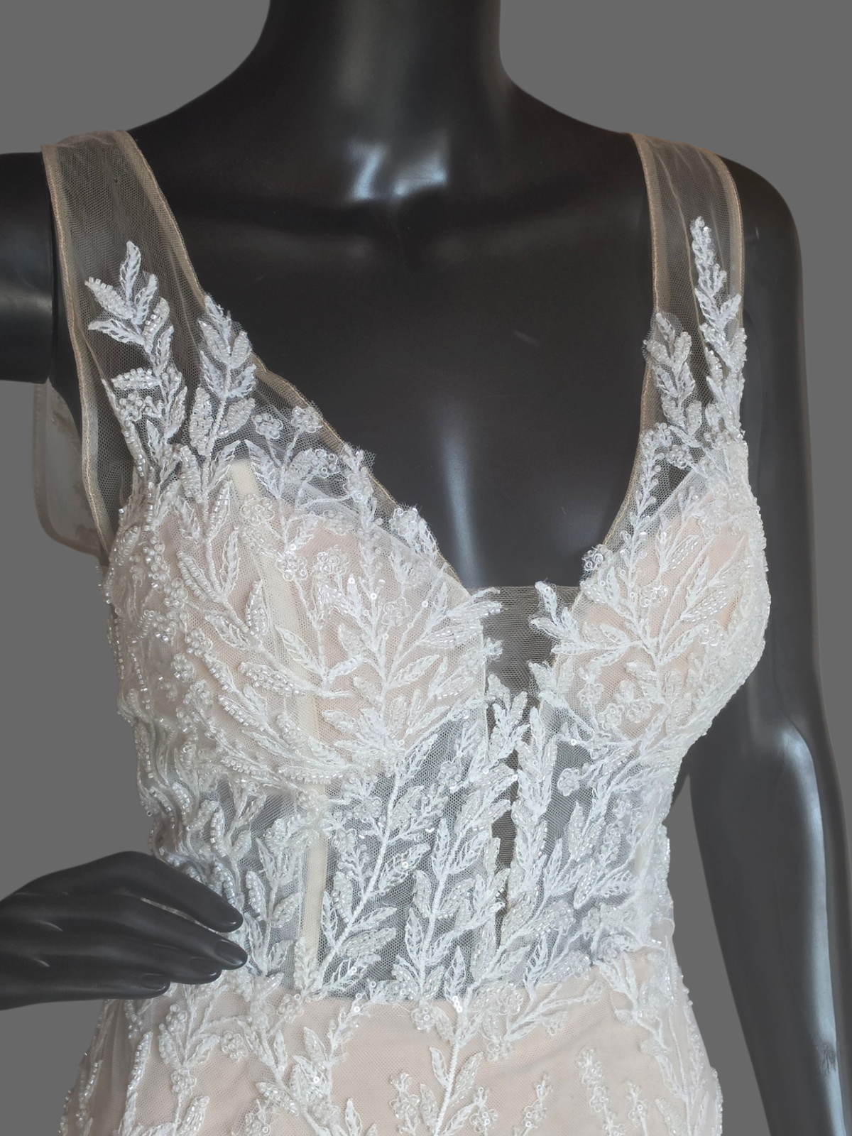 Nude/Ivory Beaded Floral V-Neck Illusion Bodice Fit/Flare Wedding Gown - Justin Alexander