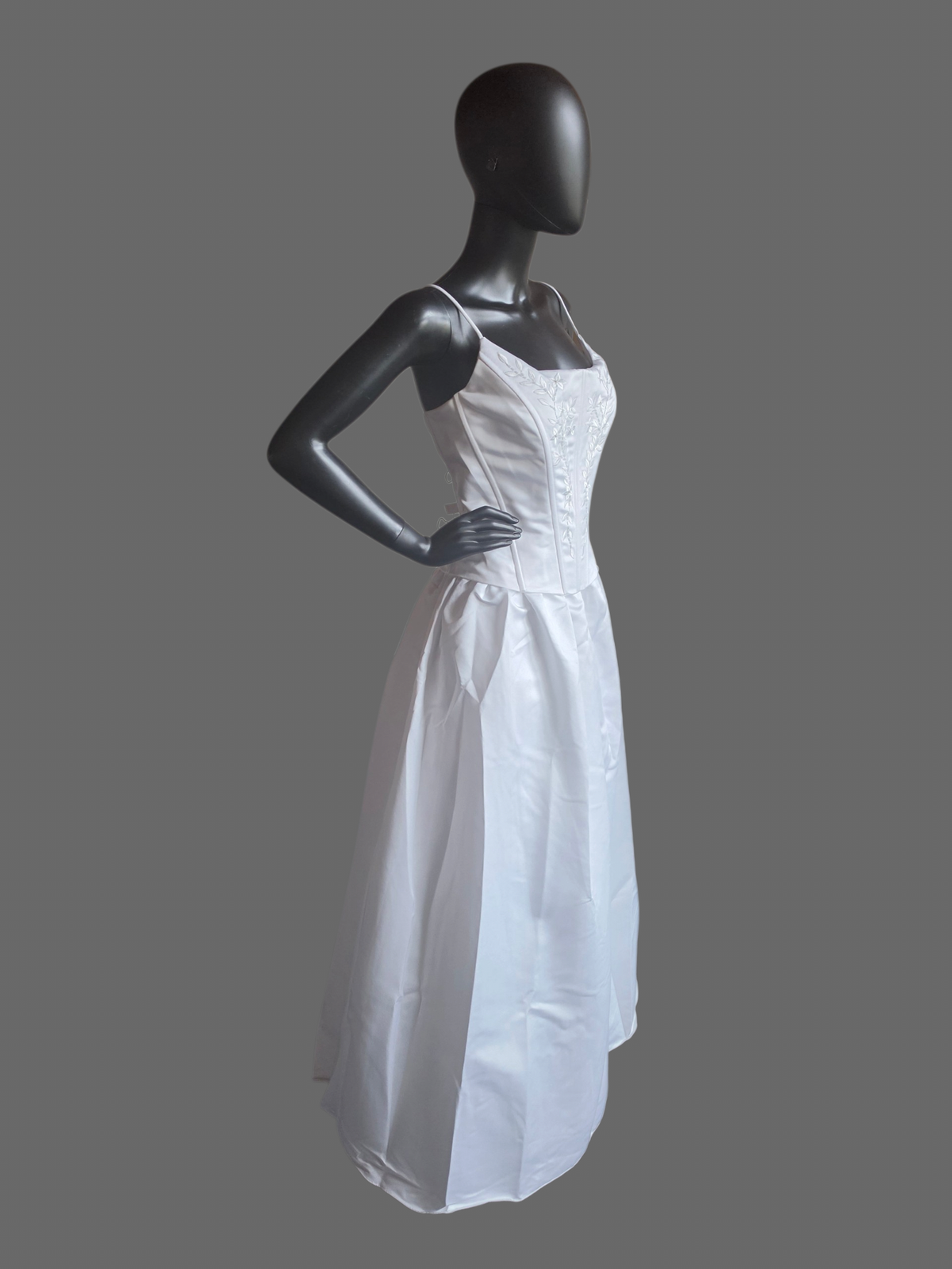 White Satin Basque Waist Embroidered Corset Bodice (no train) Wedding Gown - Jaqueline