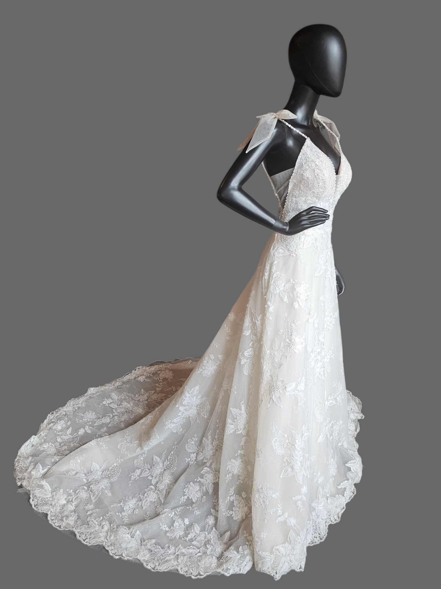 Honey 3D Floral Plunge Bow Shoulder Wedding Gown - Martin Thornburg