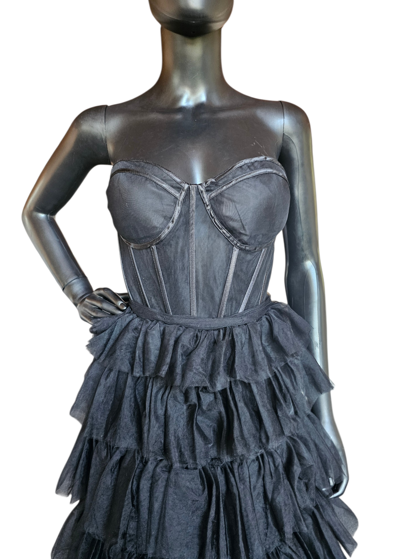 Black A-Line Illusion Corset Tiered Skirt Formal/Prom Dress - Cecilia