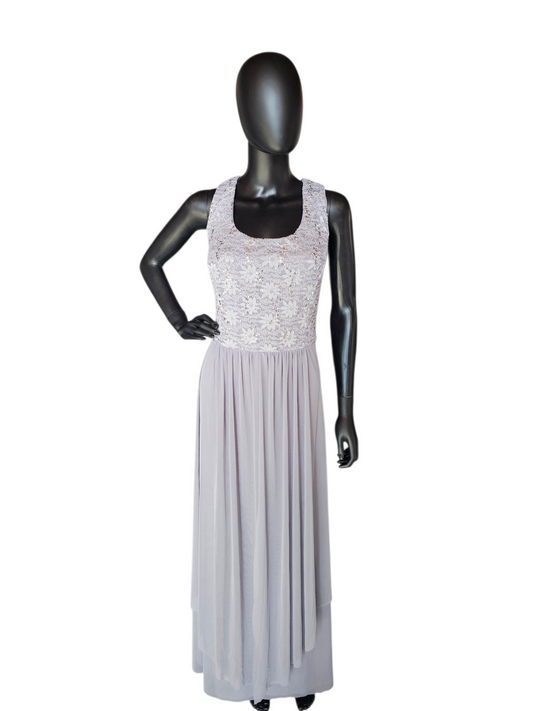 Silver/Grey Lace 3/4 Sleeve Jacket Formal Dress - R + M Richards