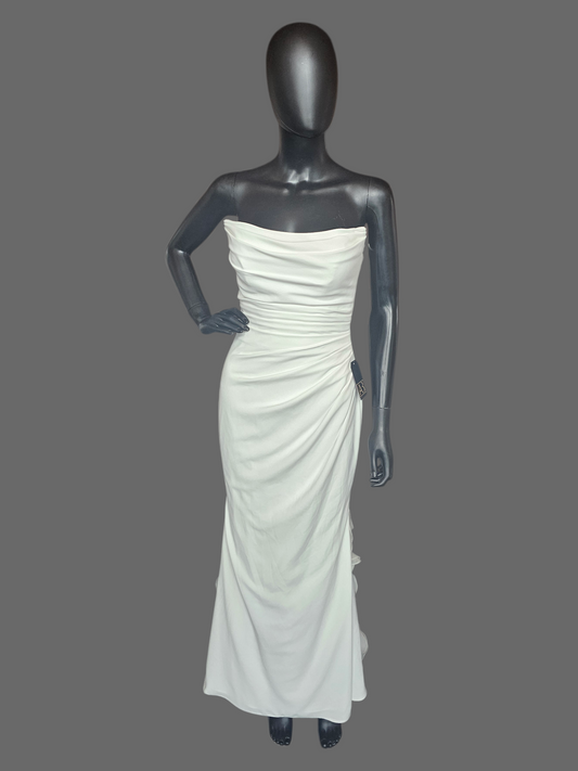 Ivory Crepe Fit and Flare Cat Eye Neckline Wedding Gown (Petite) - Selby Rae RENEWAL