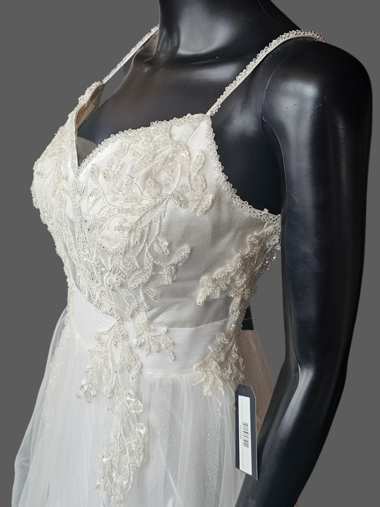 Spaghetti Strap Ivory Floral Embroidered Side Slit Wedd8ng Gown - Di La Sena