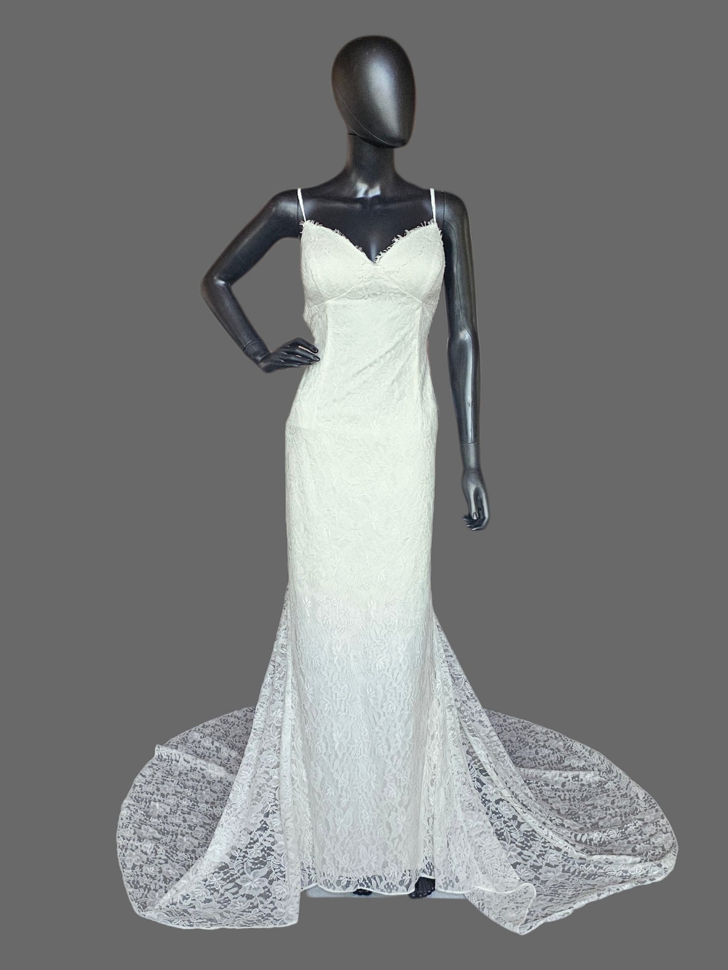 Floral Lace Fit/Flare Open Back Spaghetti Strap Fitted Wedding Gown - Galina