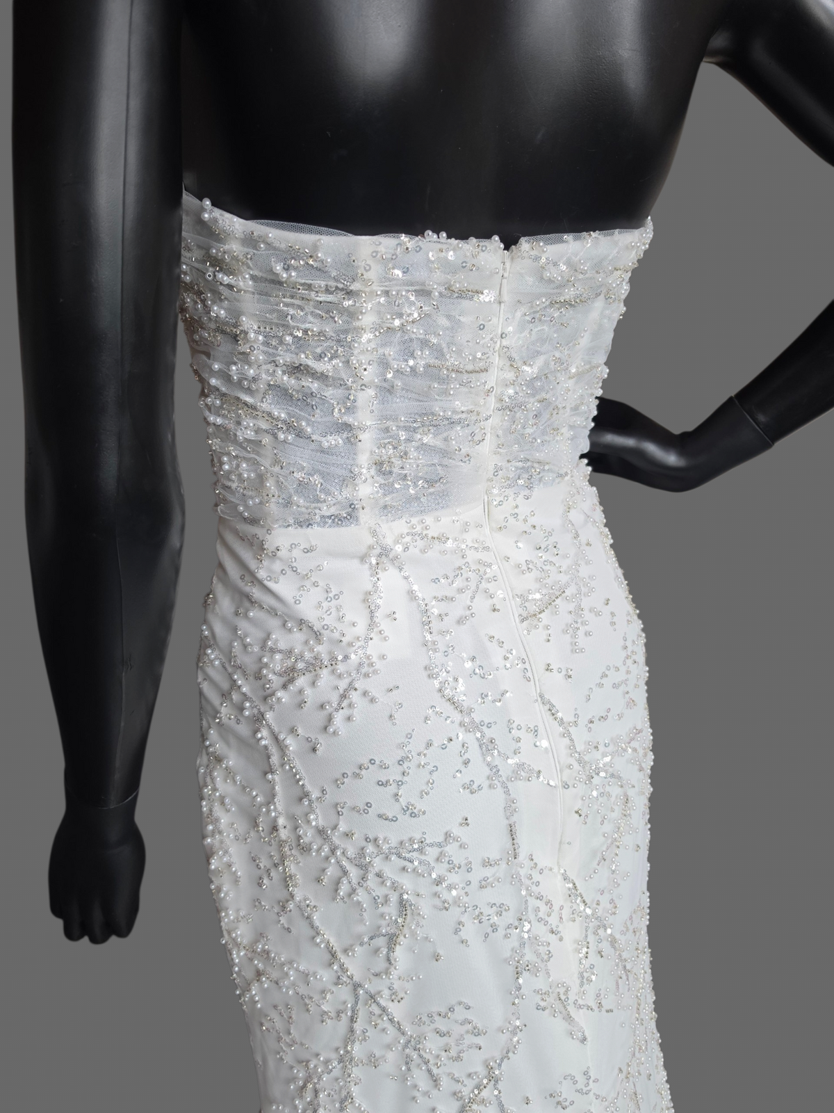 Ivory Straight Strapless Fitted Pearl/Silver Vine Wedding Gown - Willow