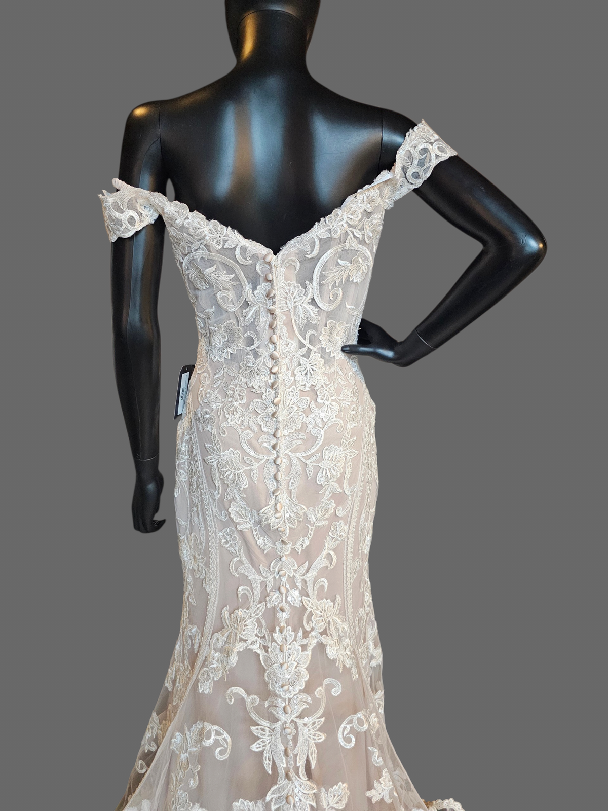 Nude/Ivory Lace Deco Off Shoulder Fitted Wedding Gown - Allure