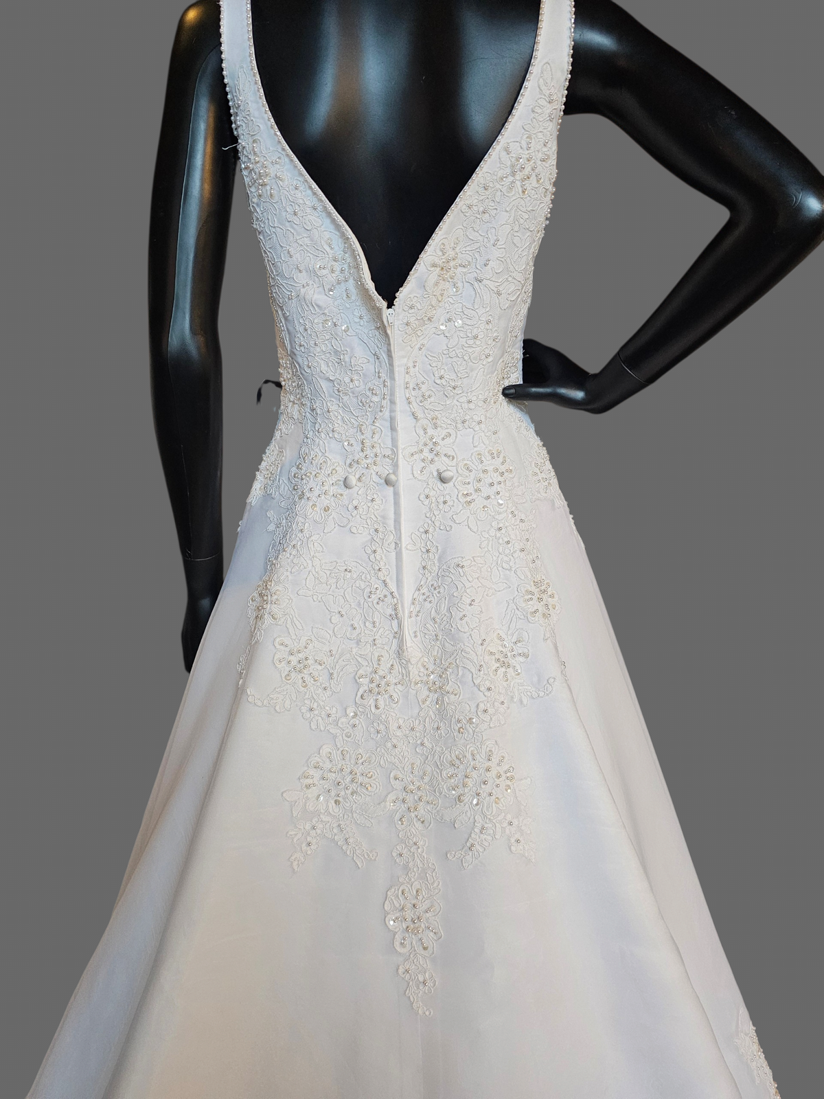 White V-Neck Lace Applique Organza Wedding Gown - Oleg Cassini