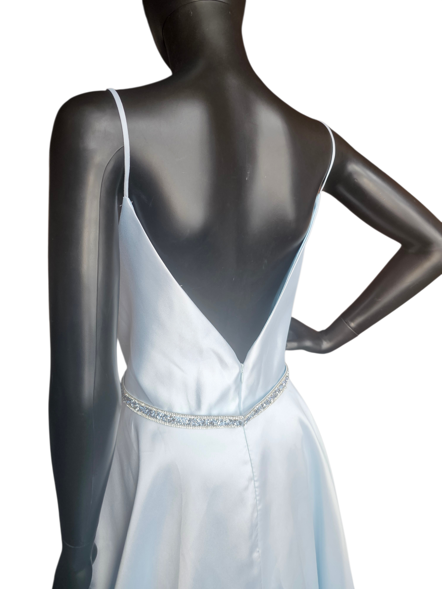Periwinkle Plunge Belted A-Line Mikado Formal Dress