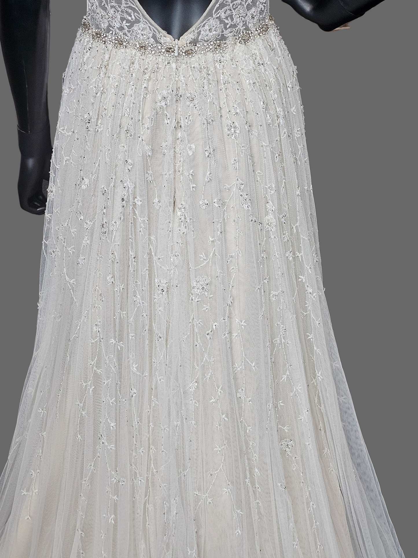 Ivory/Champagne Soft Netting Plunge V-Neck Open Back Wedding Gown - Martin Thornburg