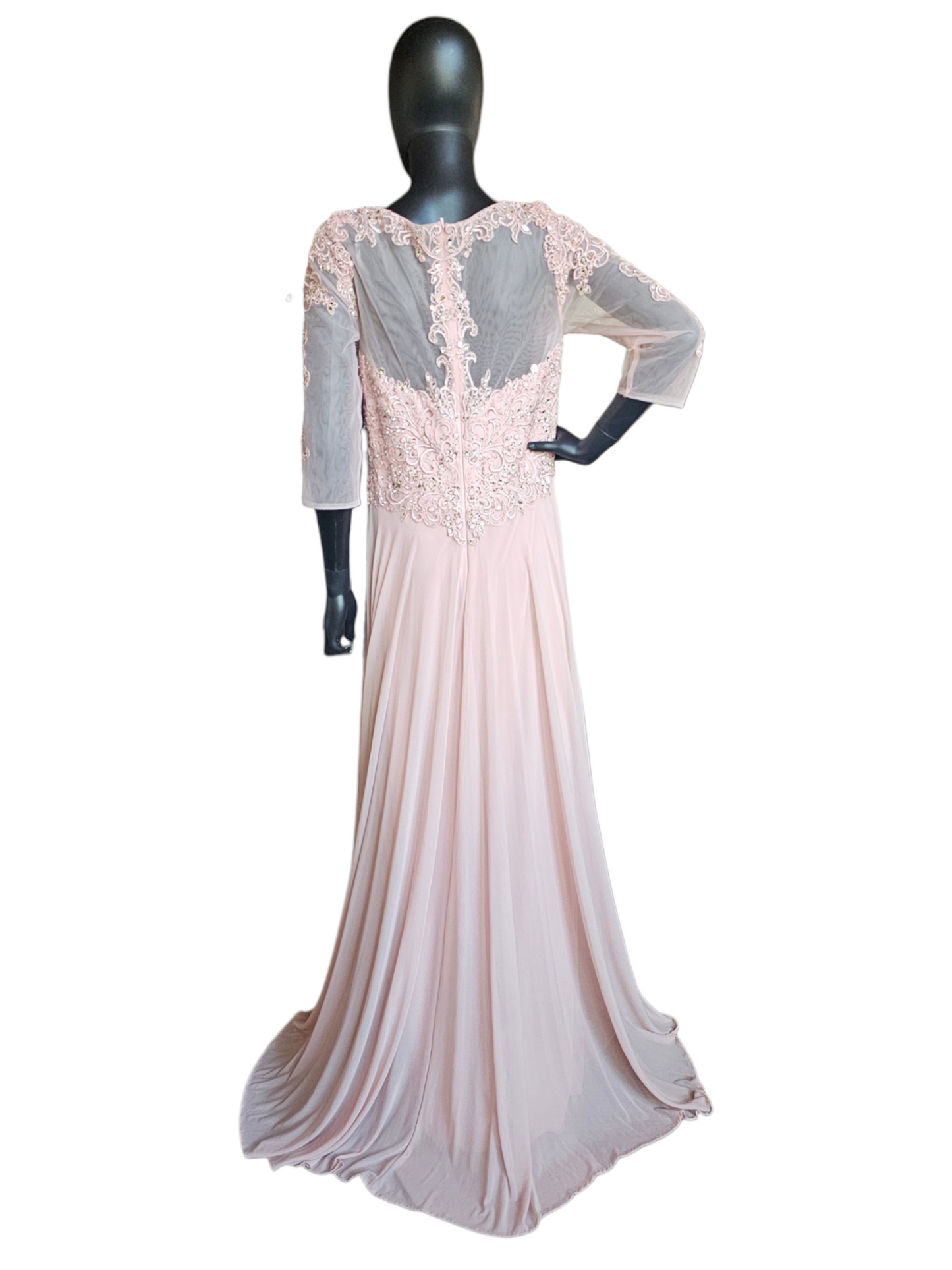 Rose  A-Line Long Sleeve Rhinestone Lace Chiffon Illusion Back Moms Dress  - MGNY