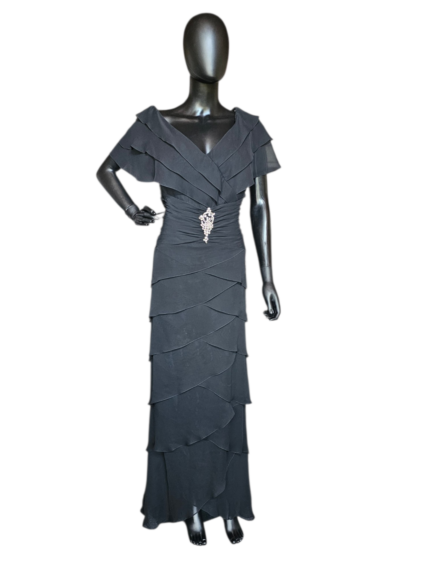 Black Chiffon Fit/Flared Tiered Cap Sleeve Applica Detail Formal/Moms Dress - Jovani