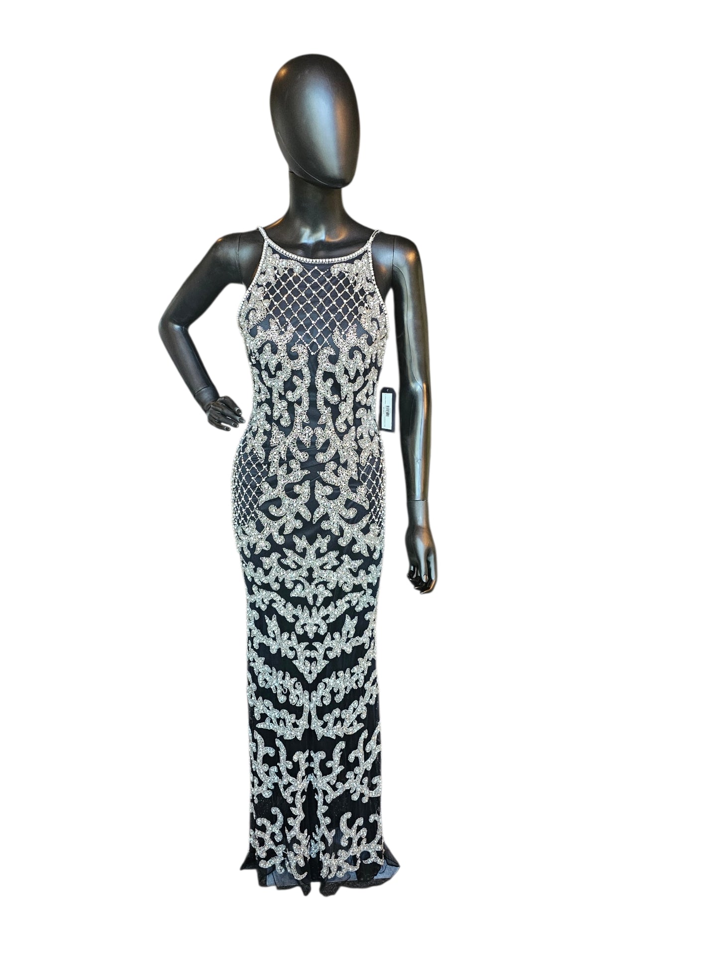 Black/Silver/Pearl Halter Fitted Beaded Spaghetti Straps Formal/Prom/Gala Dress - Abby Paris