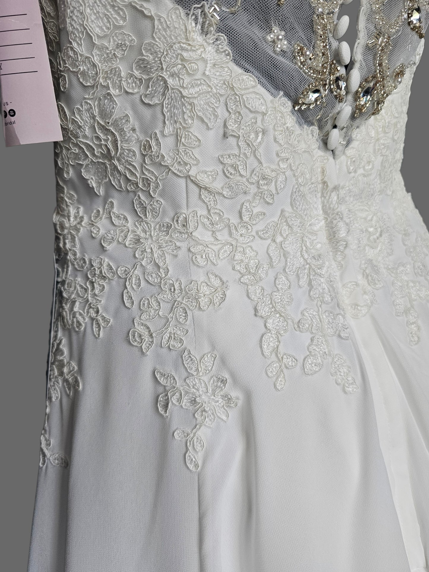 White Chiffon A-Line Lace V-Neck  Applica Illusion Back Wedding Gown - Davinci