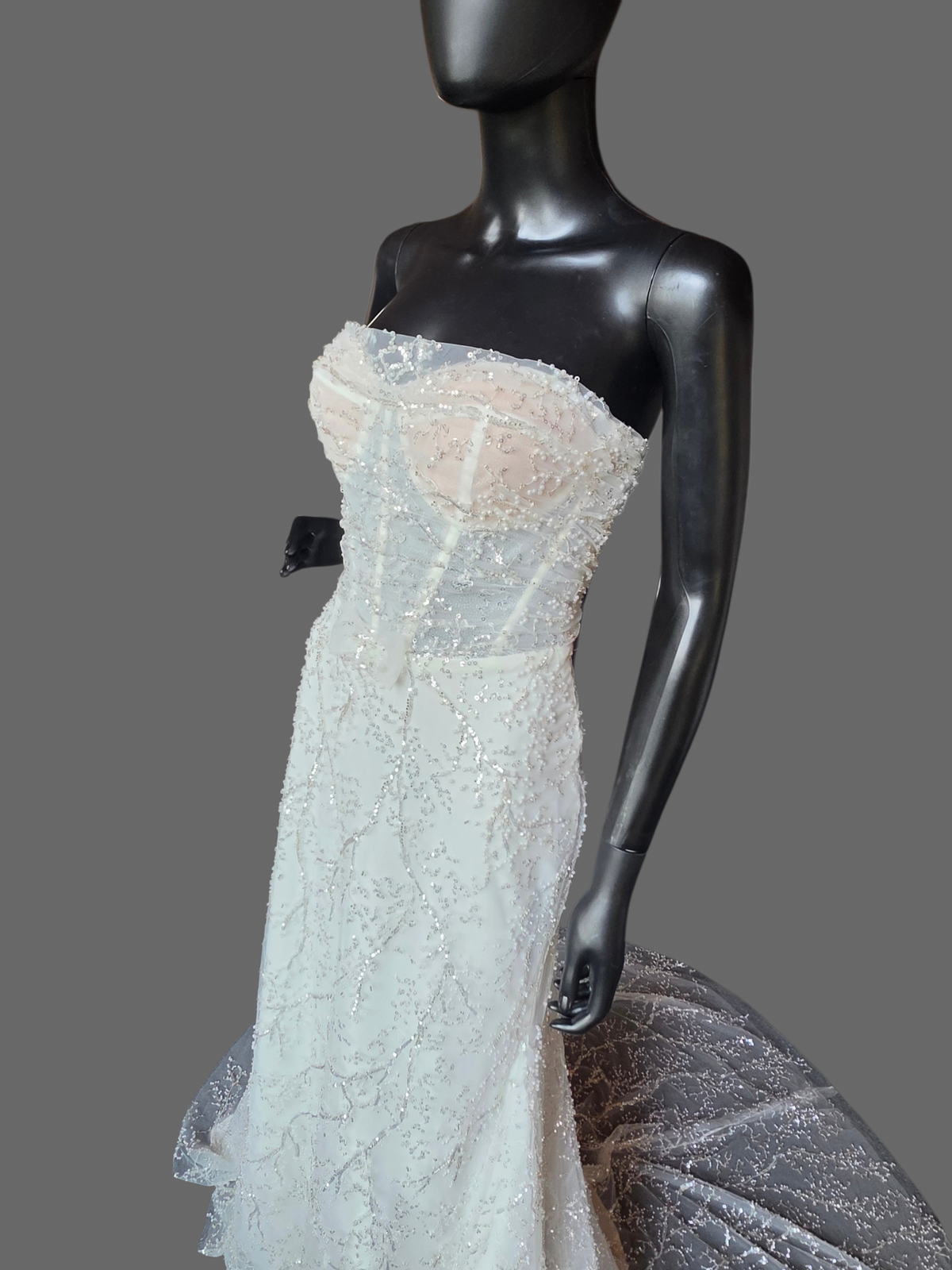 Ivory Straight Strapless Fitted Pearl/Silver Vine Wedding Gown - Willow
