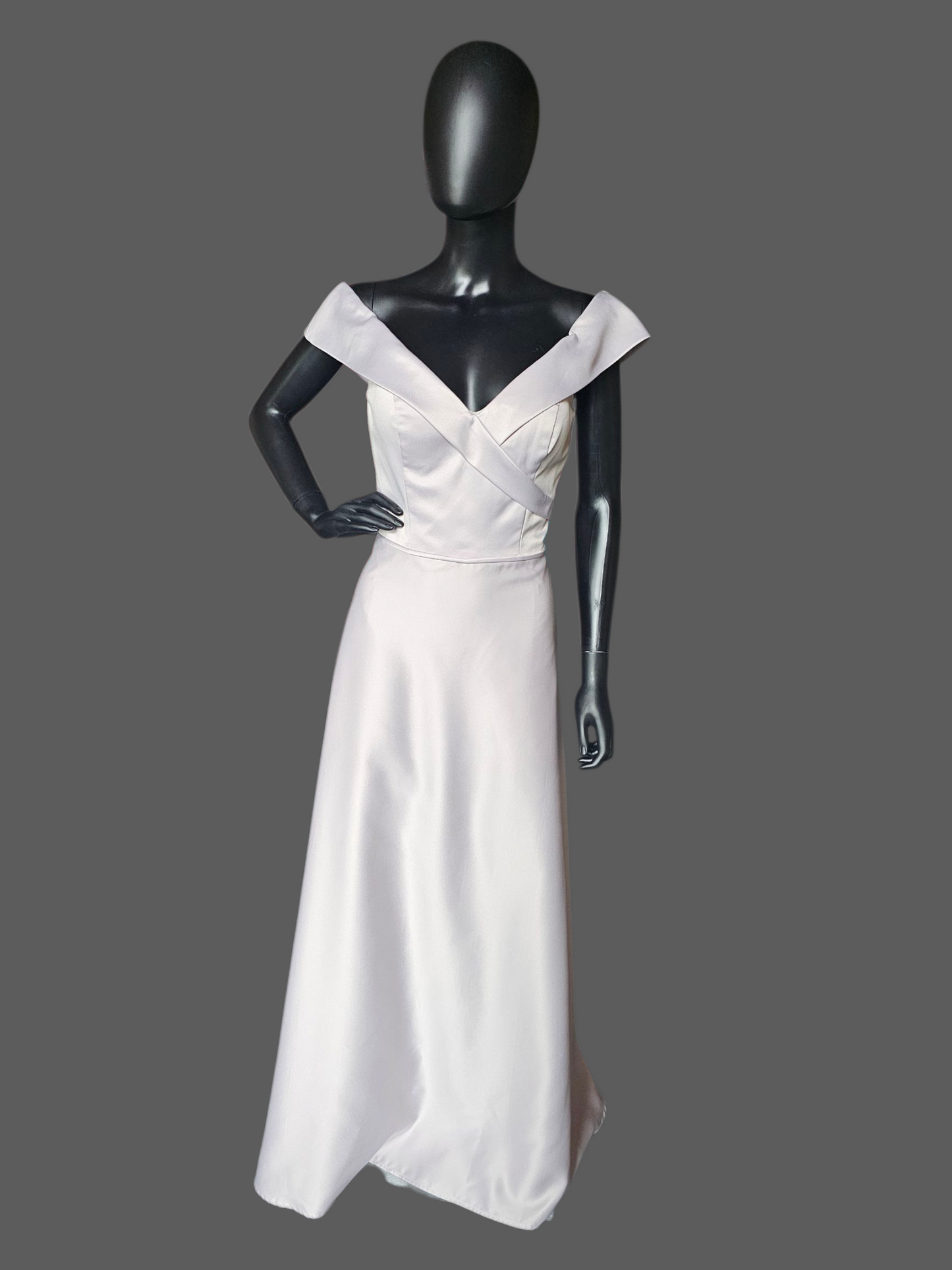 Dew Drop (Silver) Off Shoulder Satin Full Length A-Line Formal Dress - Mori Lee